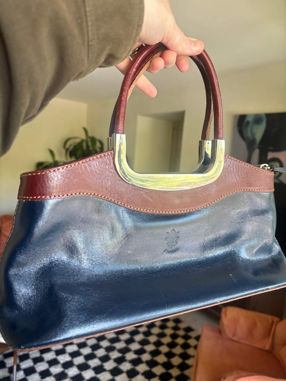 Florence Italian Leather Handbag - Navy and Brown